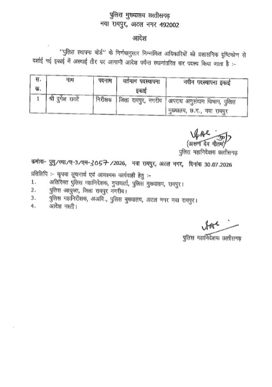 पुलिस मुख्यालय ने जारी किया आदेश, तत्काल प्रभाव से नई पदस्थापना image