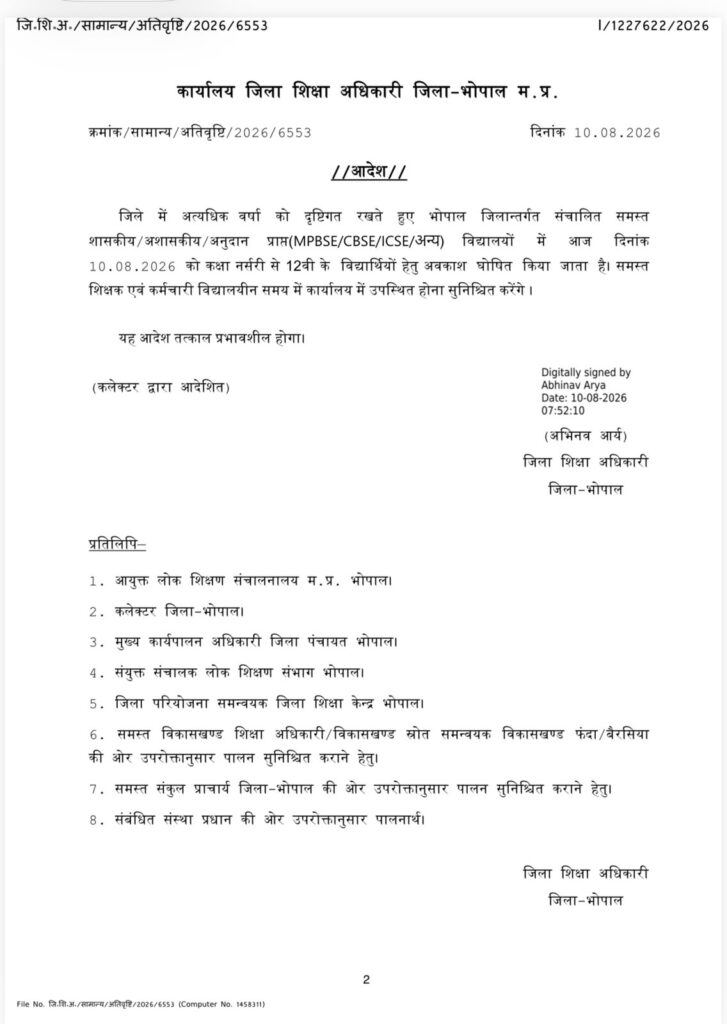 भोपाल में भारी बारिश का अलर्ट नर्सरी से कक्षा 12वीं तक के स्कूलों में छुट्टी का ऐलान image